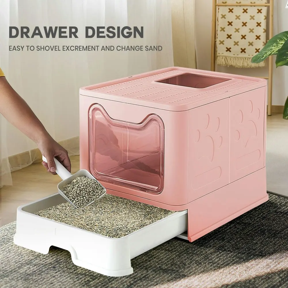 Taily Foldable Cat Litter Box Enclosed Kitty Toilet Hooded Tray Kit With Litter Scoop Large Pink