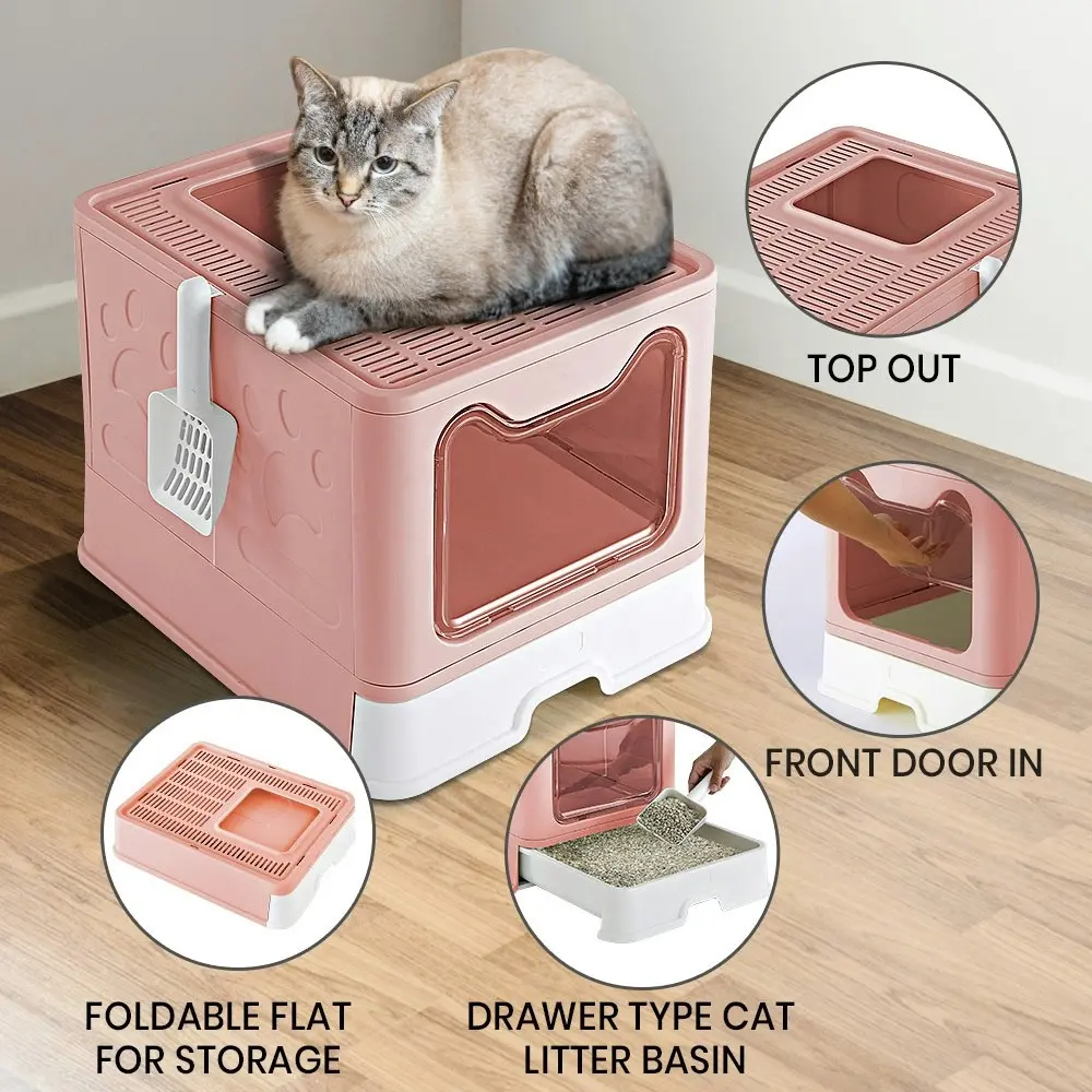 Taily Foldable Cat Litter Box Enclosed Kitty Toilet Hooded Tray Kit With Litter Scoop Large Pink