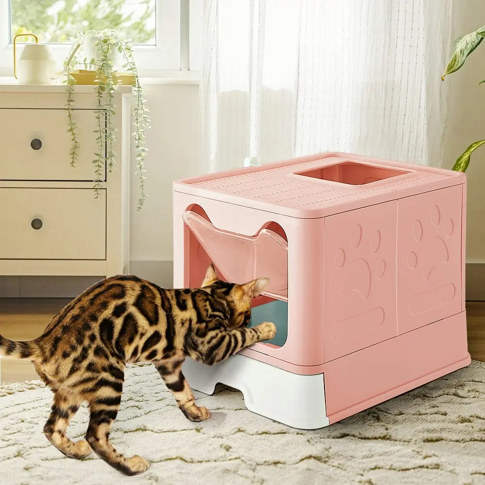 Taily Foldable Cat Litter Box Enclosed Kitty Toilet Hooded Tray Kit With Litter Scoop Large Pink