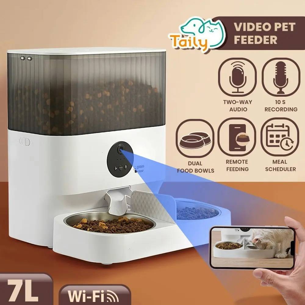 Taily 7L Auto Cat Feeder Automatic HD Camera Pet Dog Dual Bowls Timed Food Dispenser Smart Wifi App