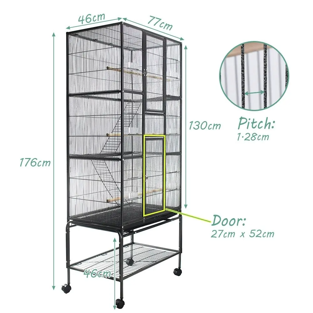 Taily 176CM Large Bird Cage Stand-Alone Aviary Budgie Perch Castor Wheel Large Cages Removable Tray