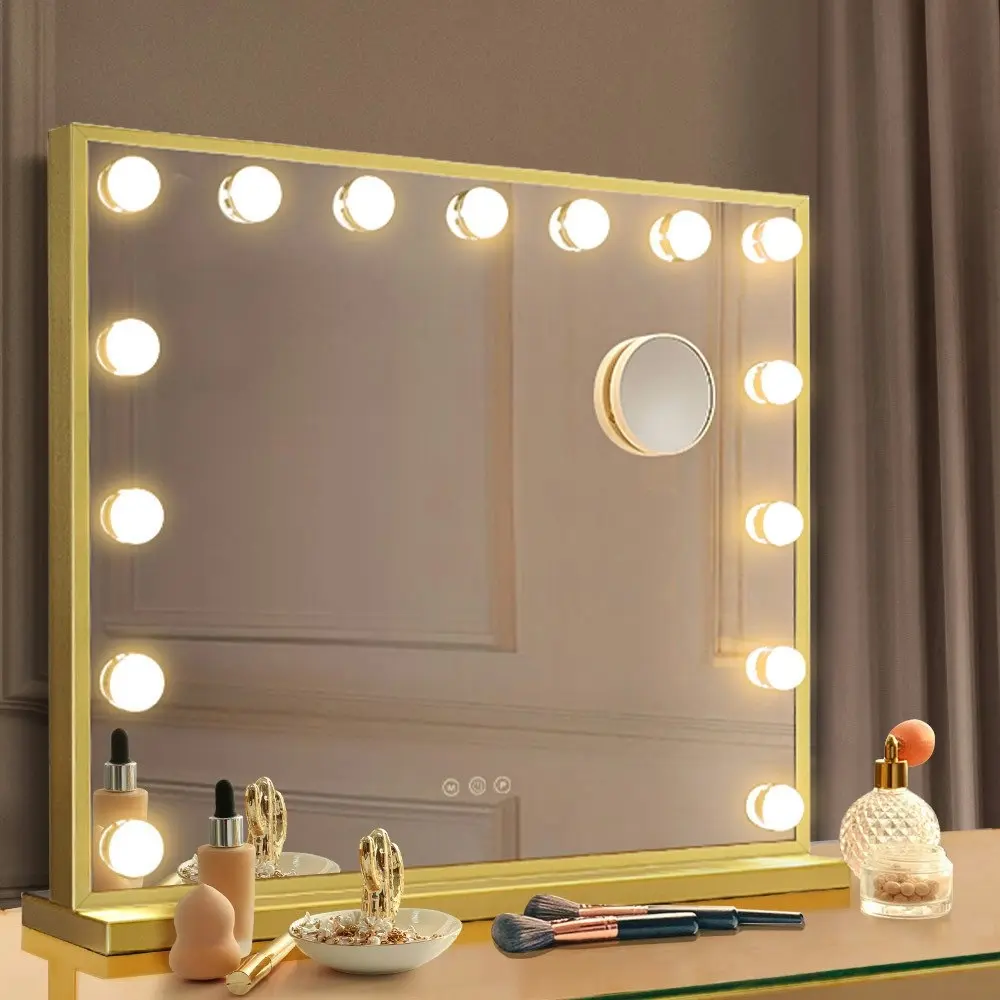 Simplus Vanity Makeup Mirror With Lights Hollywood LED Mirrors Stand Wall Mounted 15 Blubs Gold