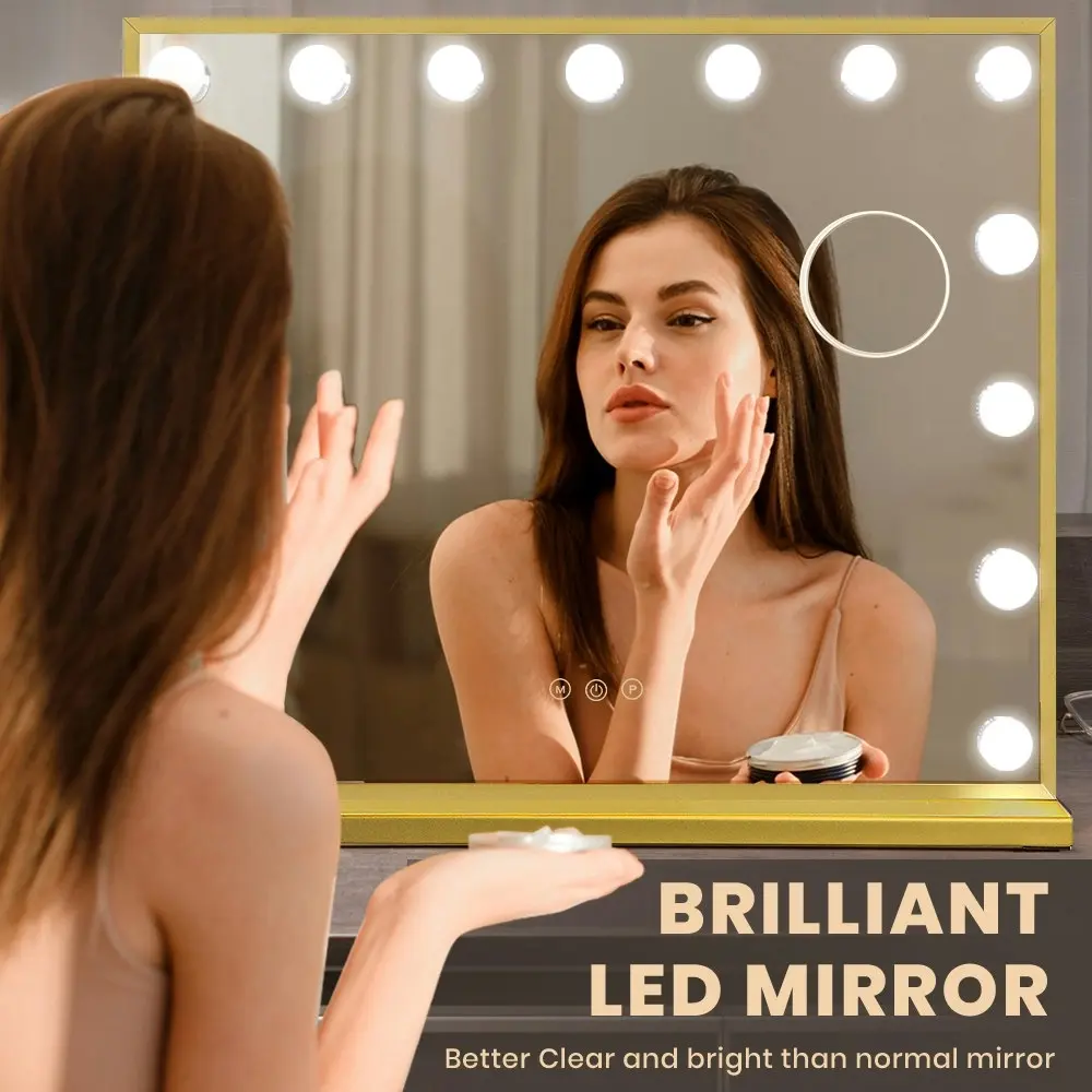 Simplus Vanity Makeup Mirror With Lights Hollywood LED Mirrors Stand Wall Mounted 15 Blubs Gold