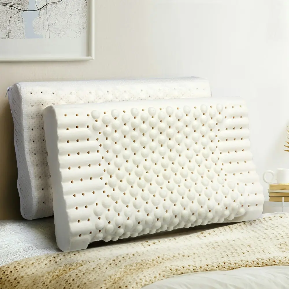 Mona Bedding 2x Natural Latex Pillow Contoured Size w Cover Low Profile Support Feel 10cm Thick