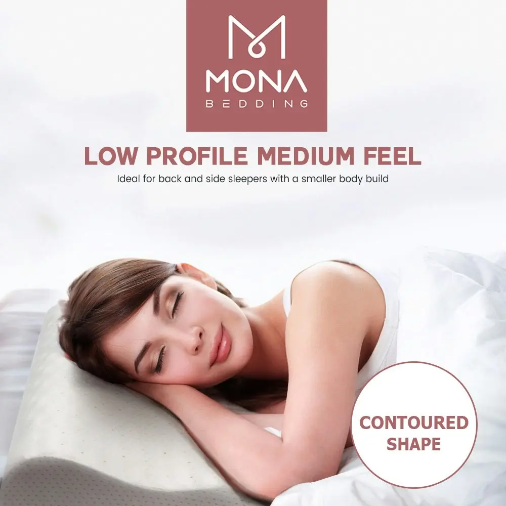 Mona Bedding 2x Natural Latex Pillow Contoured Size w Cover Low Profile Support Feel 10cm Thick