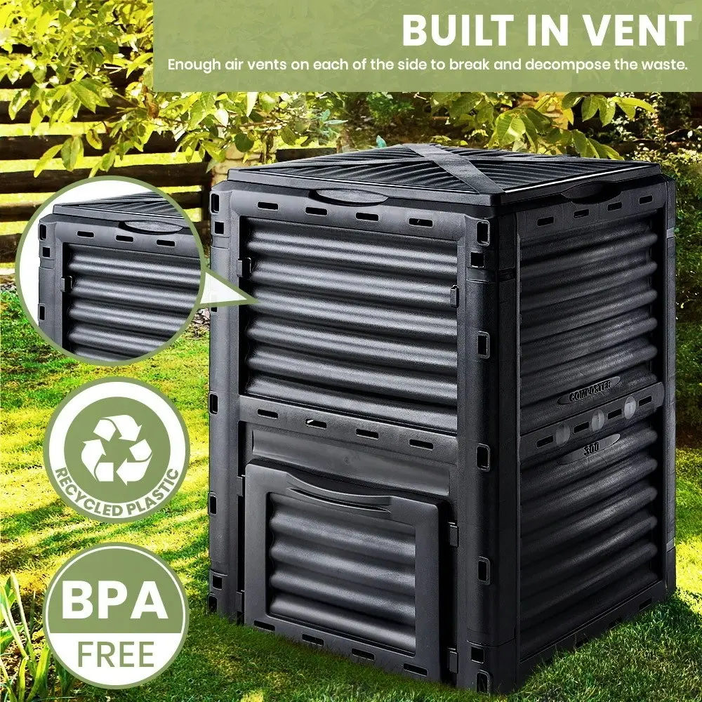 Groverdi 290L Compost Bin Recycle Composter Food Waste Kitchen Outdoor Garden Composting Box Black