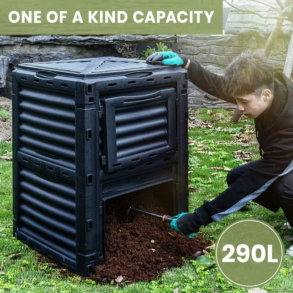 Groverdi 290L Compost Bin Recycle Composter Food Waste Kitchen Outdoor Garden Composting Box Black