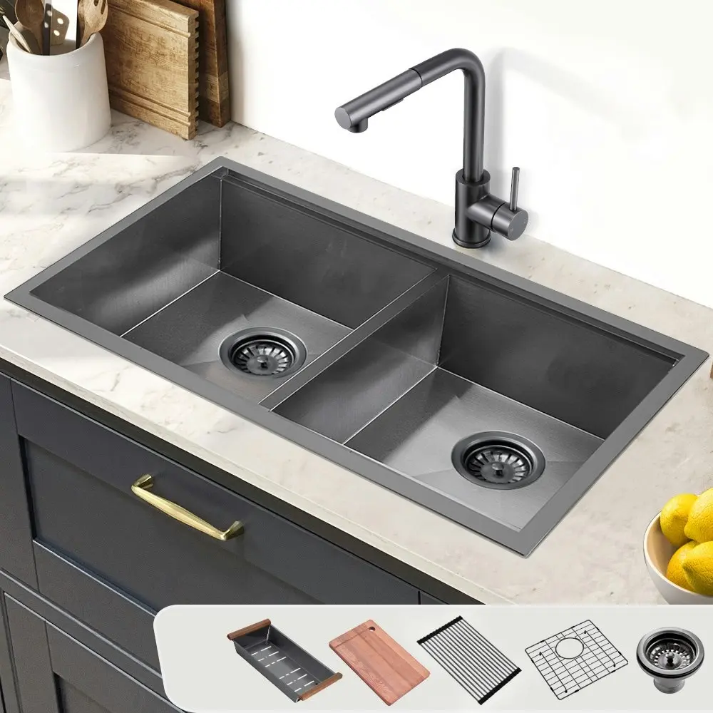 Simplus Stainless Steel Kitchen Workstation Sink 82x45CM Laundry Undermount Double Bowl Set Black