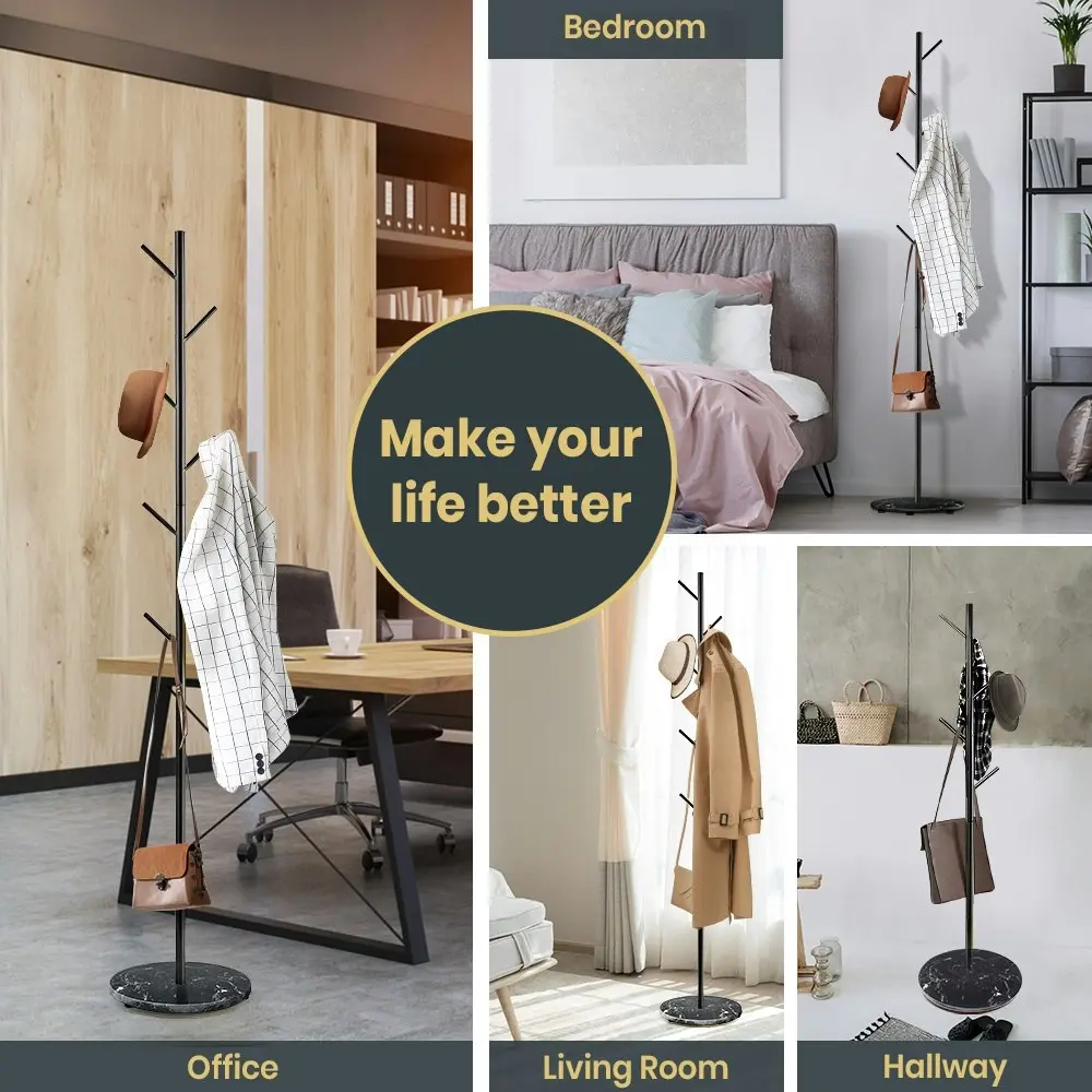 Furb Coat Rack Steel Clothes Stand Tree Hat Jacket Portable Hanger Garment 7 Hooks Marble Base Black