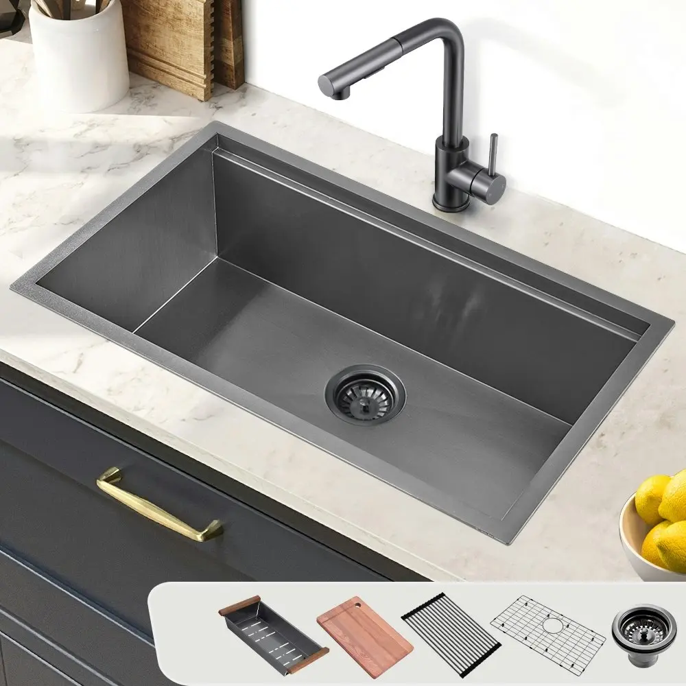 Simplus Stainless Steel Kitchen Workstation Sink 75x45CM Laundry Undermount Single Bowl Set Black