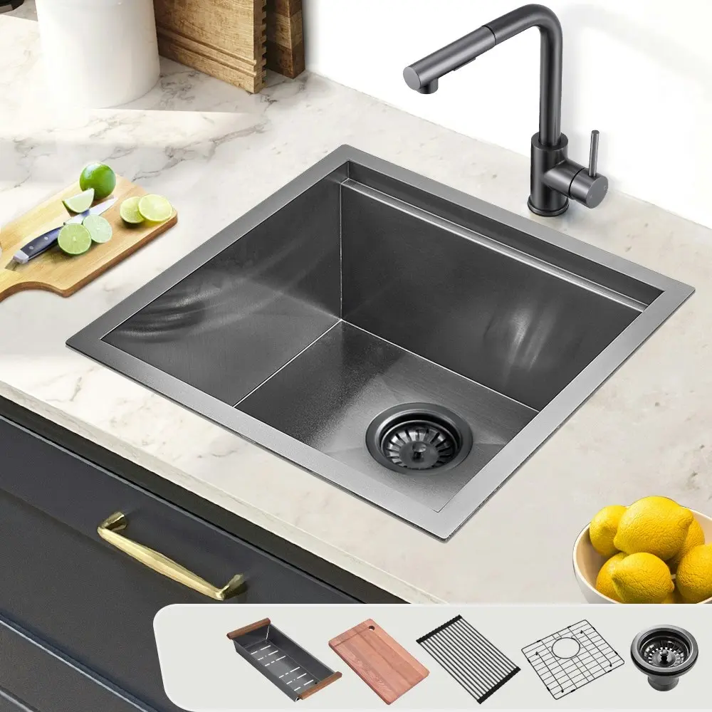 Simplus Stainless Steel Kitchen Workstation Sink 45x45CM Laundry Undermount Single Bowl Set Black