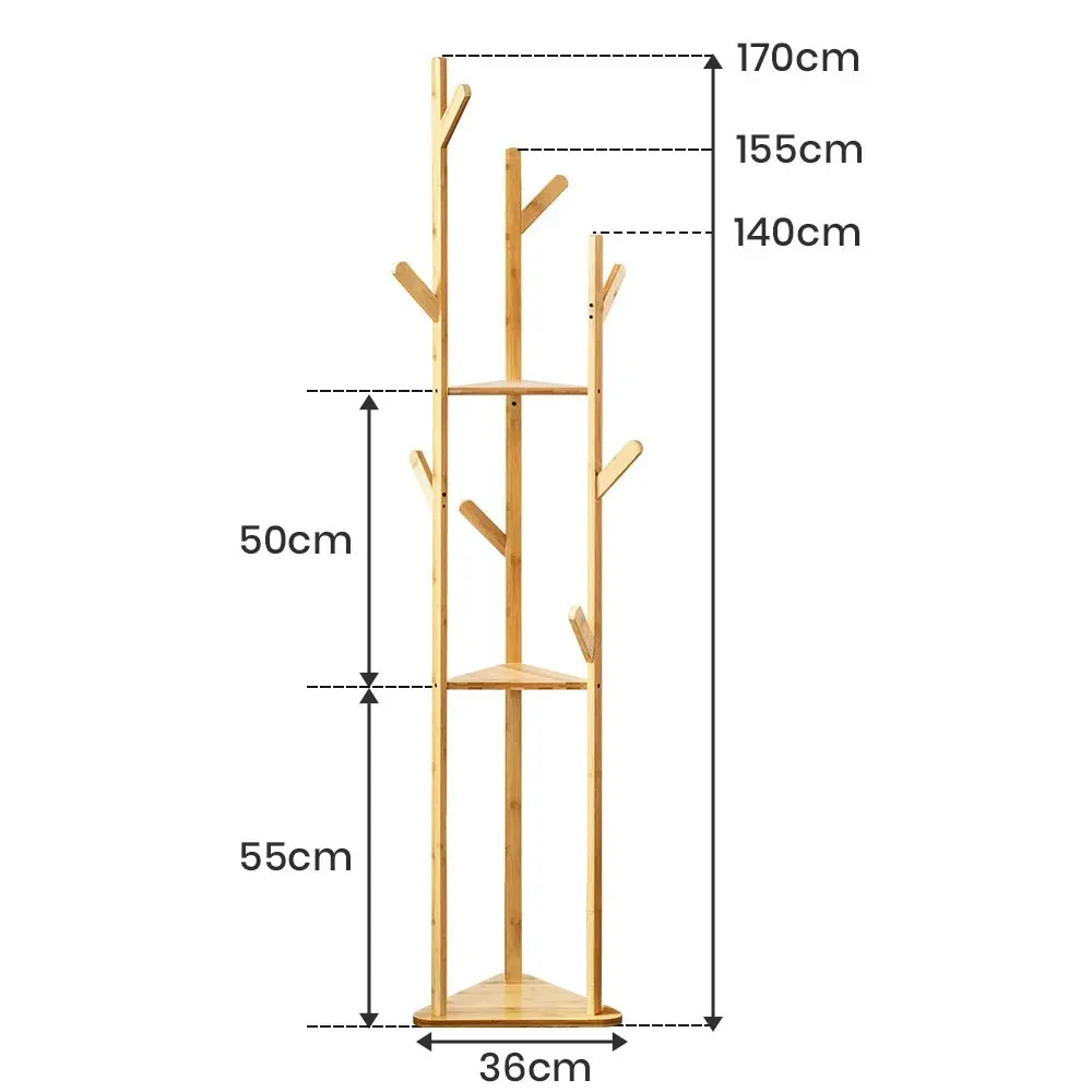 Furb Bamboo Coat Rack Hat Clothes Stand Hanger Garment 3 Layer 9 Hooks Tree Rail Organizer w Shelves