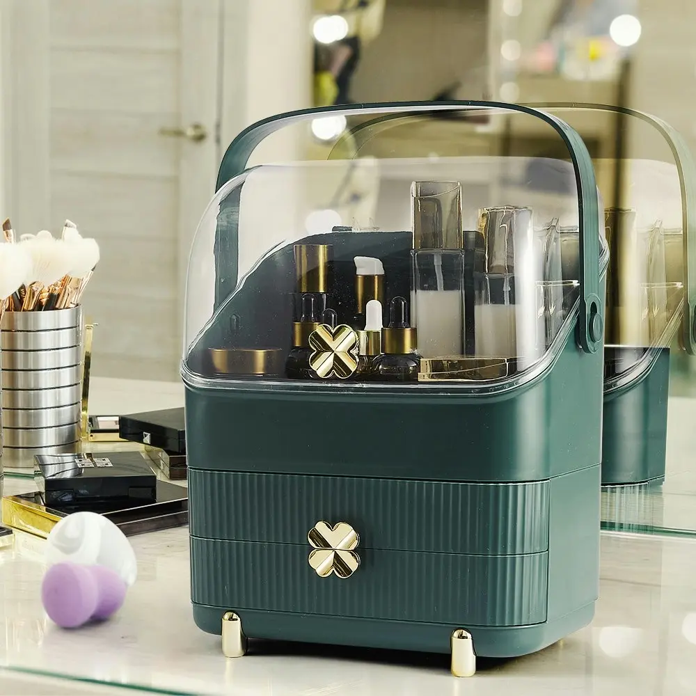 Furb Cosmetic Case Portable Makeup Organiser Storage Boxes Jewellery Box Holder With 2 Drawer Green