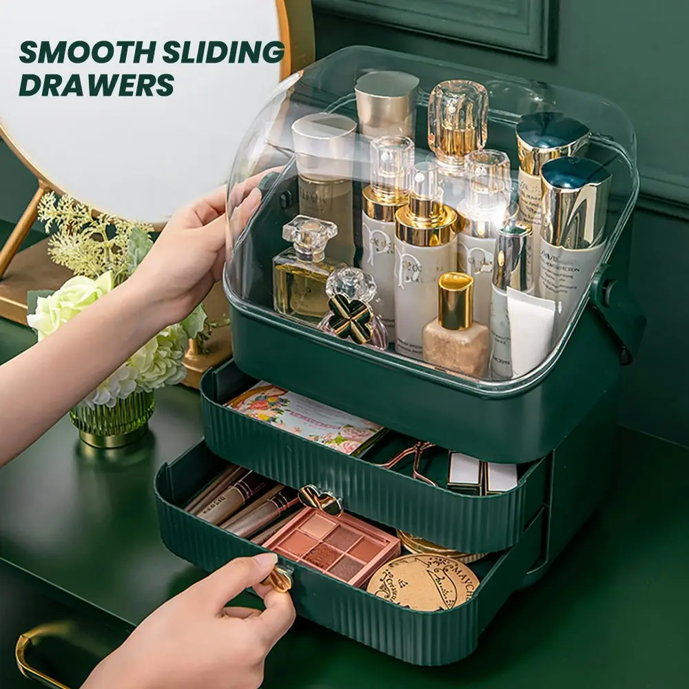 Furb Cosmetic Case Portable Makeup Organiser Storage Boxes Jewellery Box Holder With 2 Drawer Green