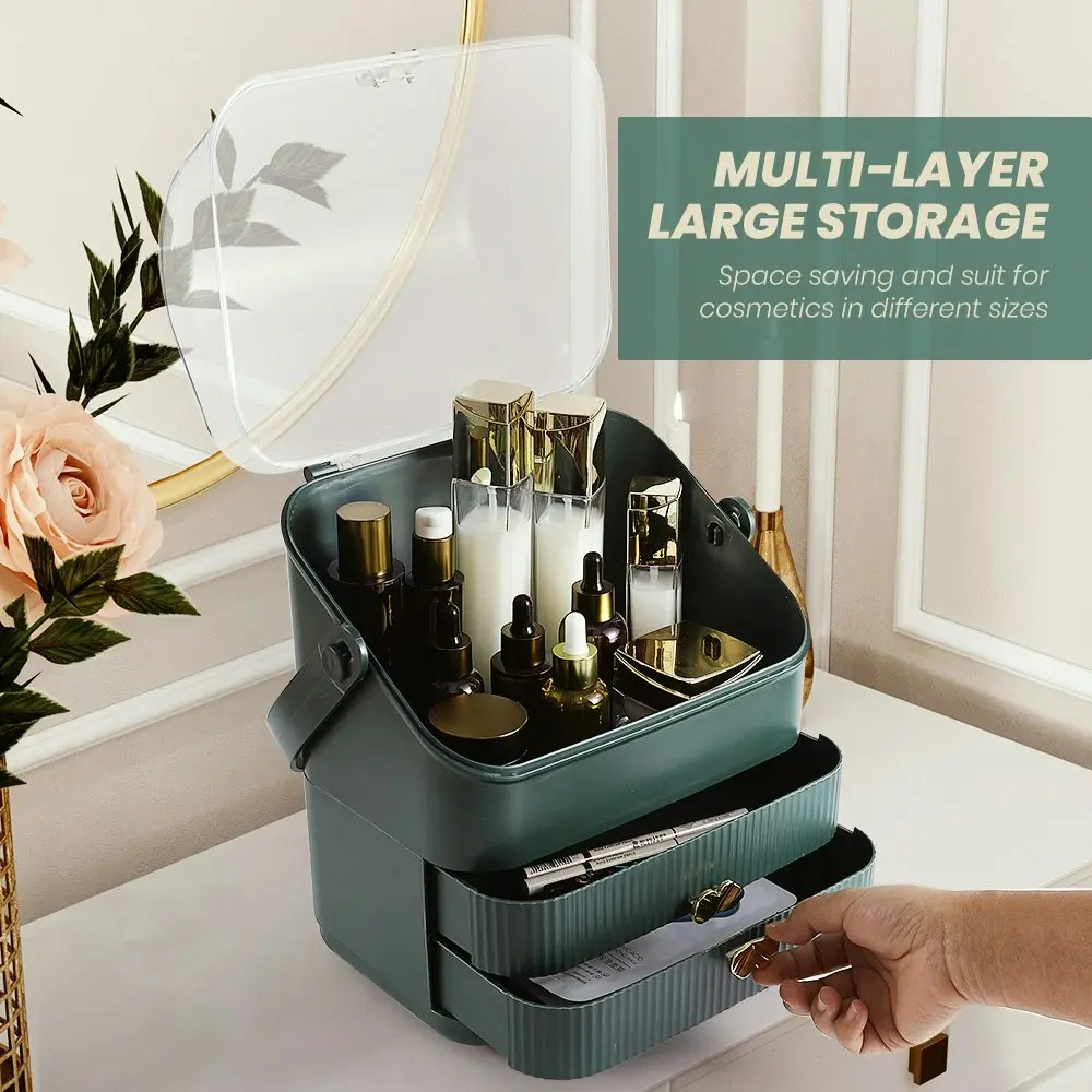 Furb Cosmetic Case Portable Makeup Organiser Storage Boxes Jewellery Box Holder With 2 Drawer Green