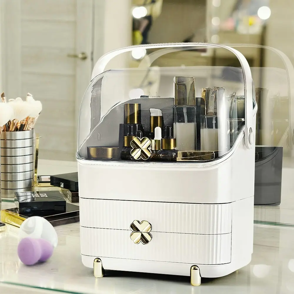 Furb Cosmetic Case Portable Makeup Organiser Storage Boxes Jewellery Box Holder With 2 Drawer White