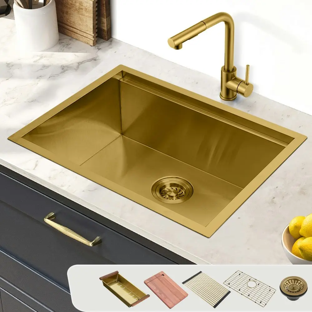 Simplus Stainless Steel Kitchen Workstation Sink 60x45CM Laundry Undermount Single Bowl Set Gold