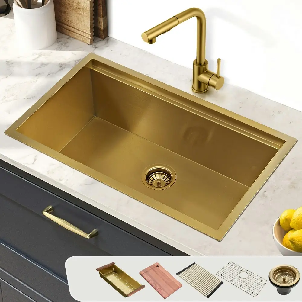 Simplus Stainless Steel Kitchen Workstation Sink 75x45CM Laundry Undermount Single Bowl Set Gold