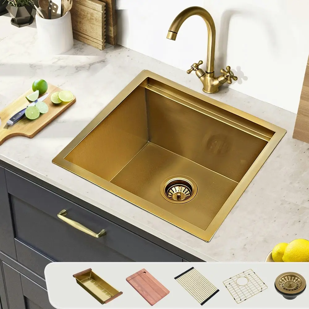 Simplus Stainless Steel Kitchen Workstation Sink 45x45CM Laundry Undermount Single Bowl Set Gold