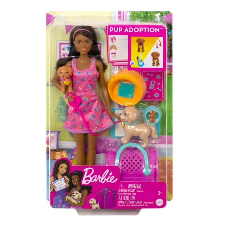 Barbie Doll and Accessories Pup Adoption Playset With Doll, 2 Puppies and Colour-Change