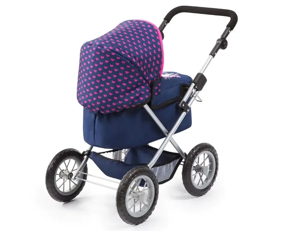 Xeo Compact Doll Pram - Dark Blue With Pink Heart Print