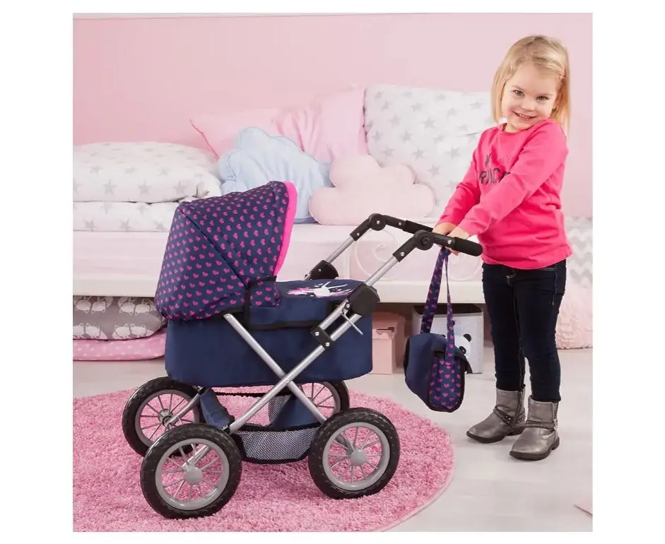 Xeo Compact Doll Pram - Dark Blue With Pink Heart Print