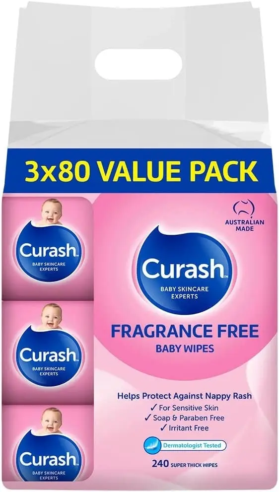 Curash Fragrance Free Baby Wipes 3x80 Pack