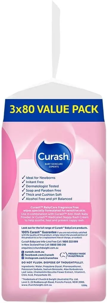 Curash Fragrance Free Baby Wipes 3x80 Pack