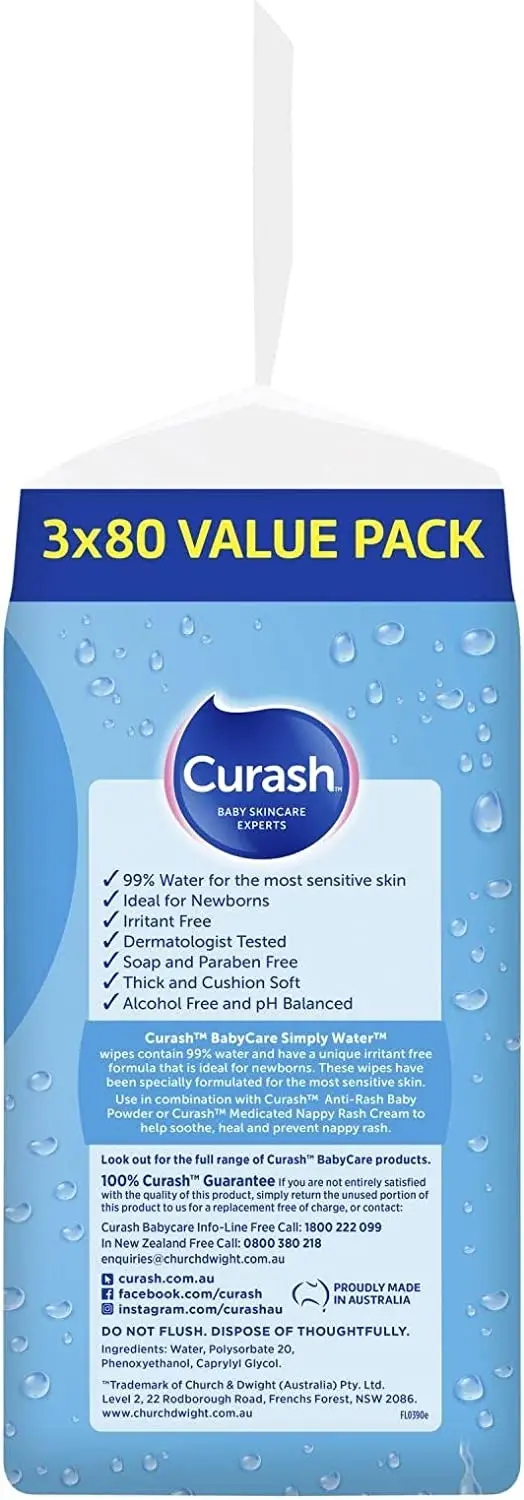 Curash Simply Water Baby Wipes 3x80 Pack