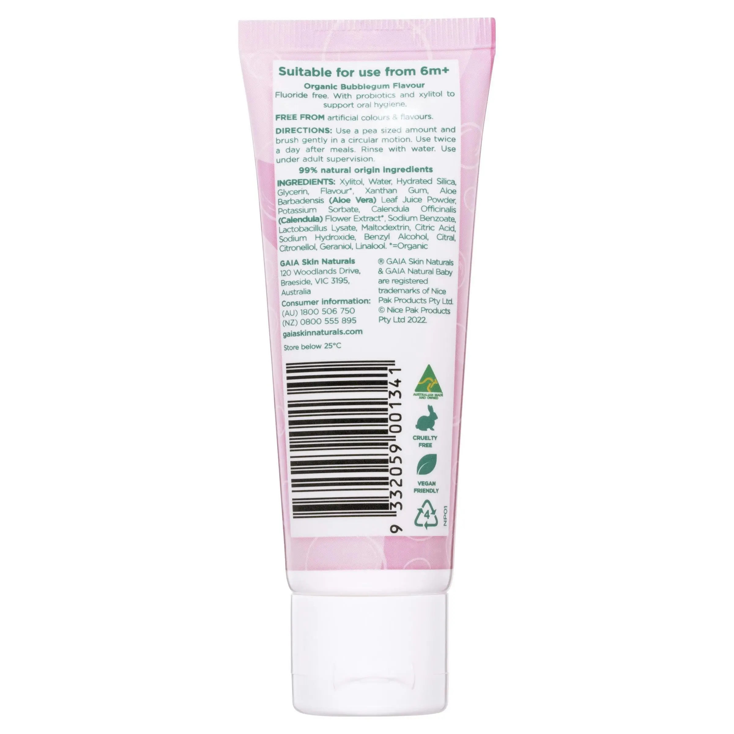 Gaia Natural Baby Probiotic Toothpaste Bubblegum 50g