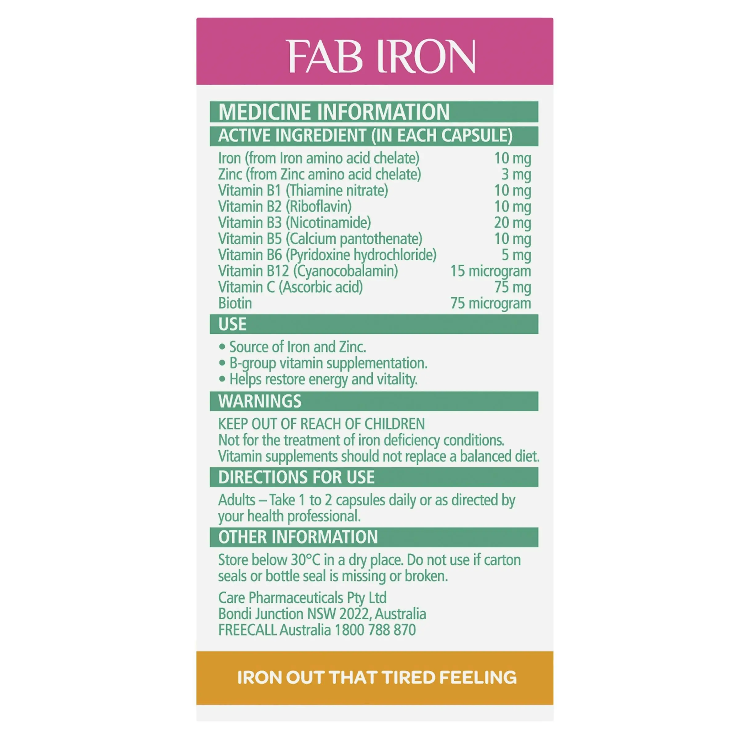 FAB Iron + Vitamin B Complex & Zinc 60 Capsules