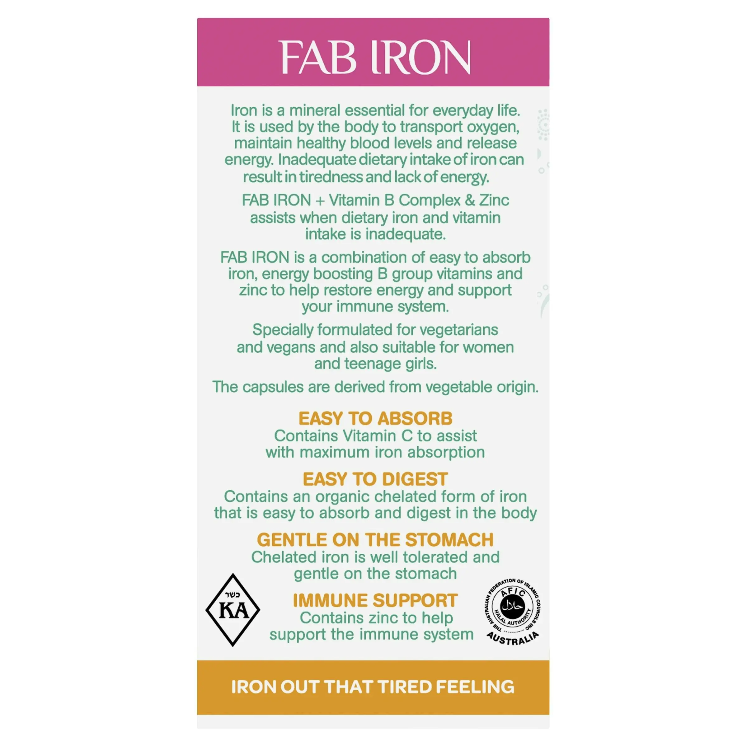 FAB Iron + Vitamin B Complex & Zinc 60 Capsules