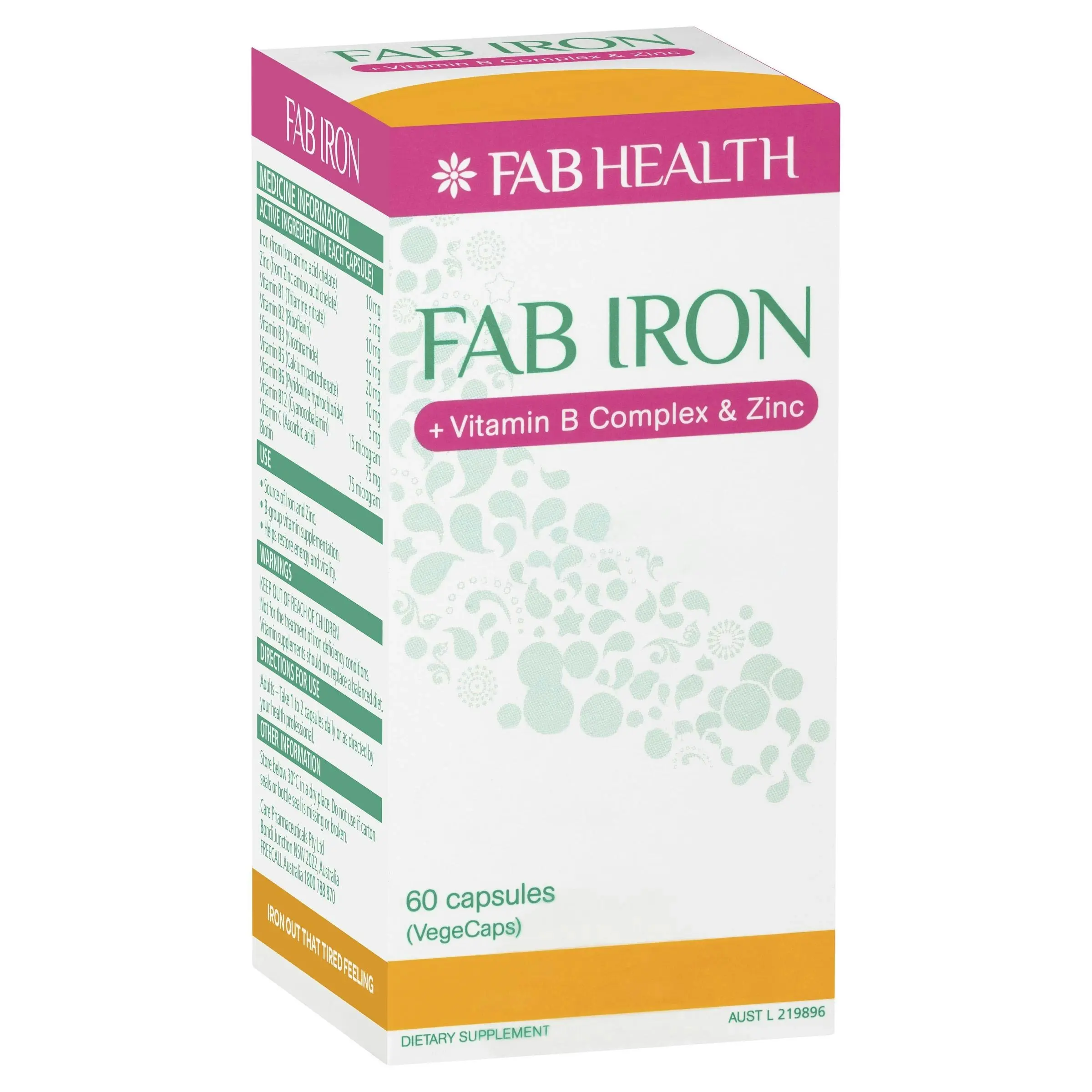 FAB Iron + Vitamin B Complex & Zinc 60 Capsules