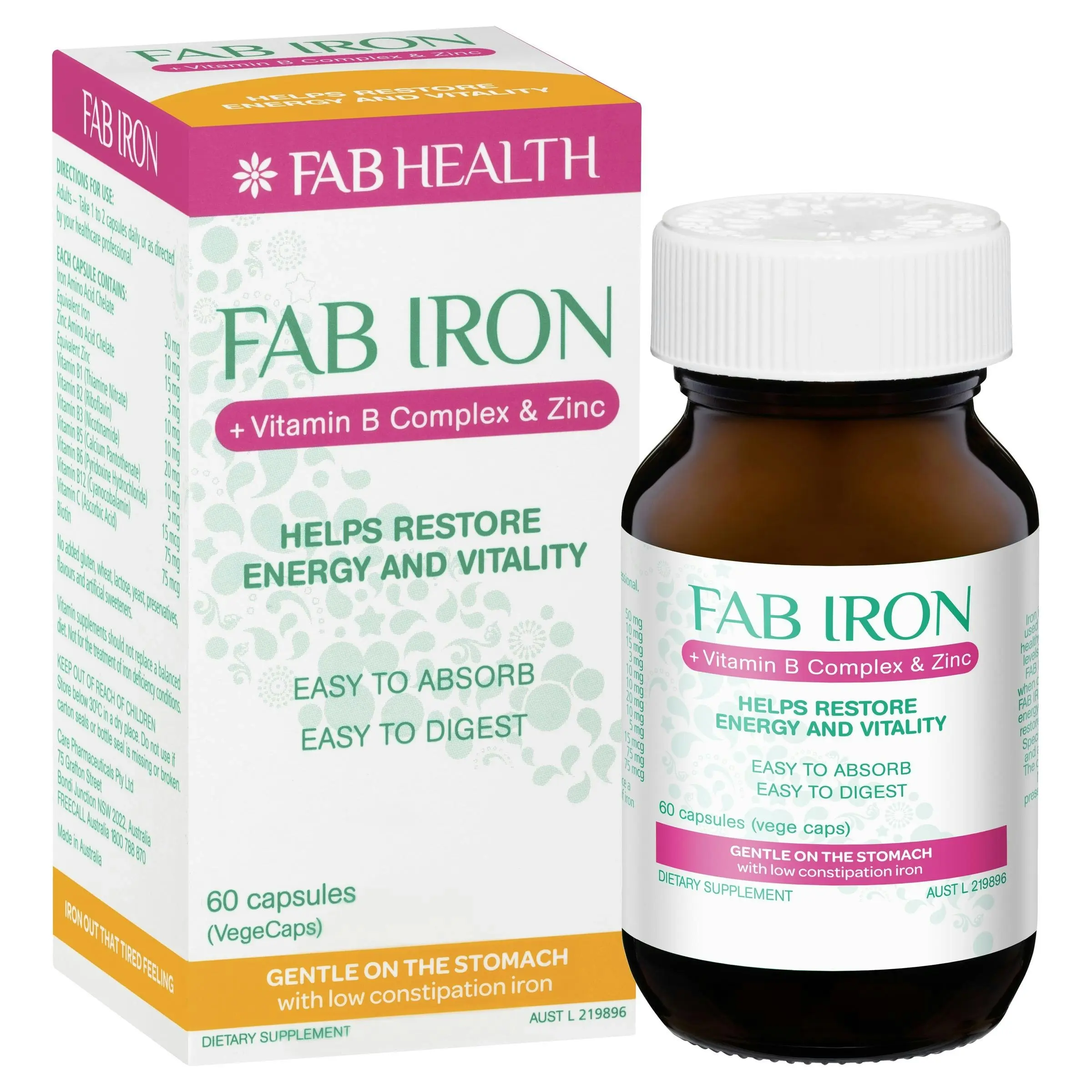 FAB Iron + Vitamin B Complex & Zinc 60 Capsules