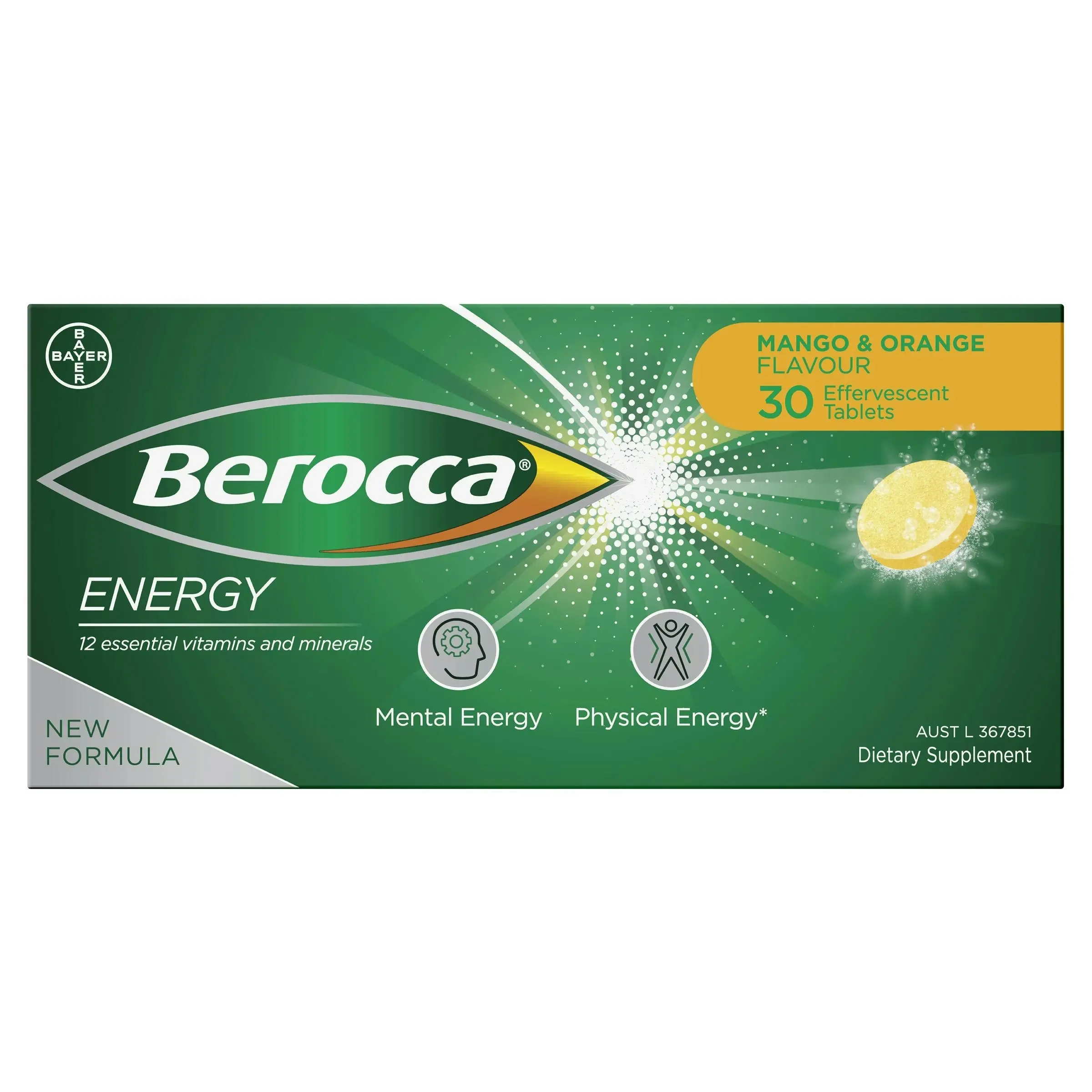 Berocca Energy Mango & Orange Effervescent Tablets 30 Pack