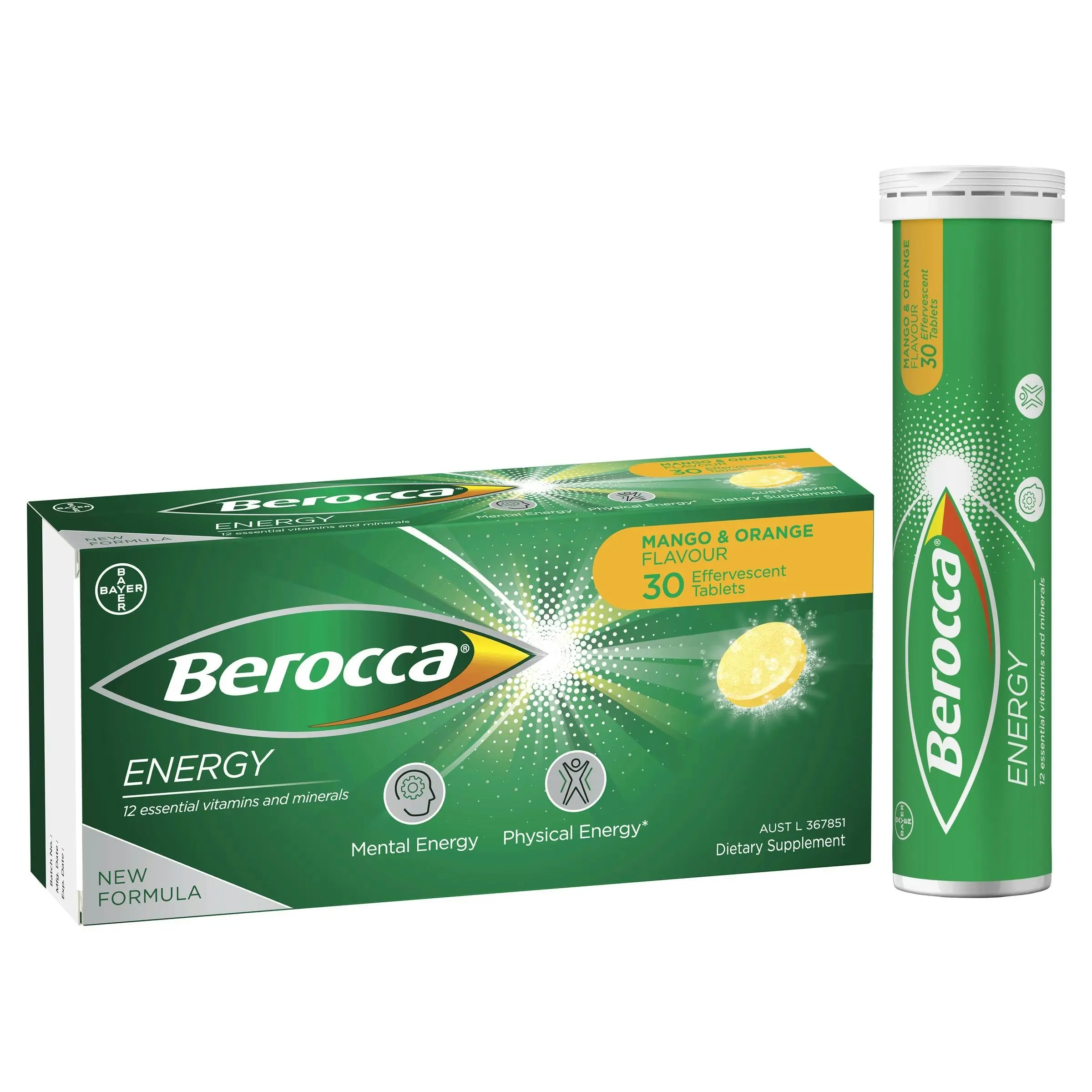 Berocca Energy Mango & Orange Effervescent Tablets 30 Pack