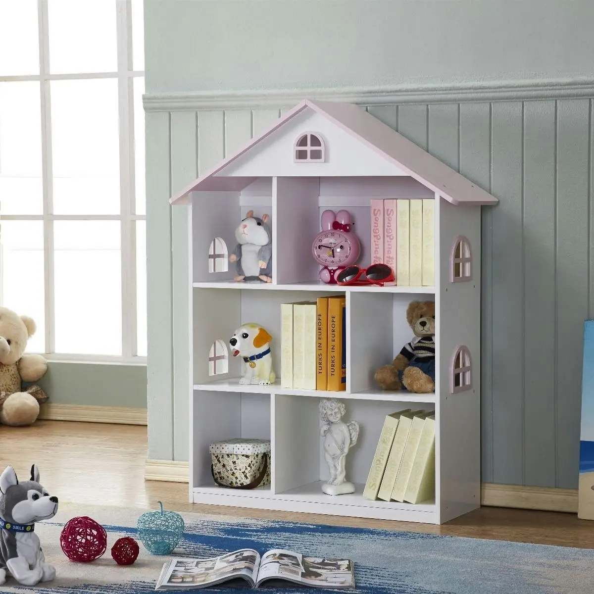 All 4 Kids Veronica Girls‘s Pink Roof Dollhouse Bookcase