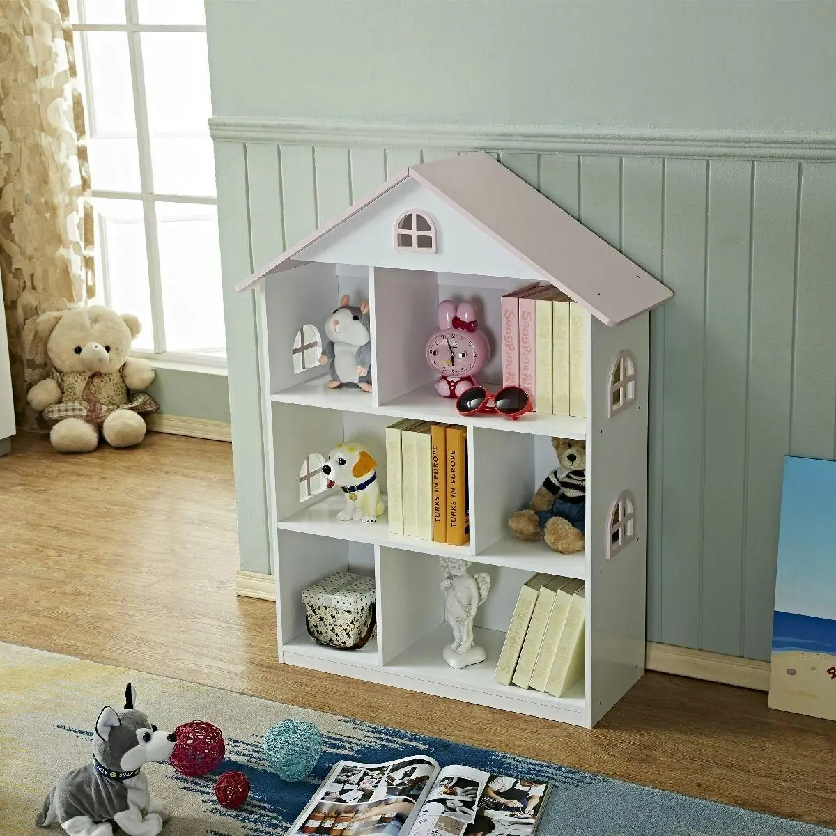 All 4 Kids Veronica Girls‘s Pink Roof Dollhouse Bookcase