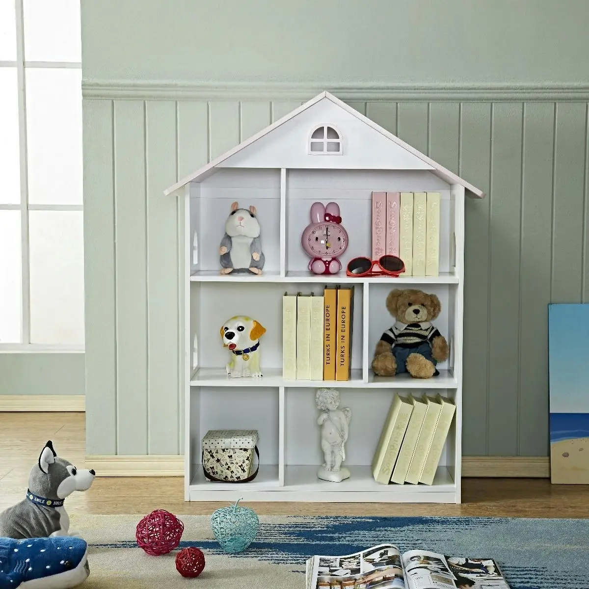 All 4 Kids Veronica Girls‘s Pink Roof Dollhouse Bookcase