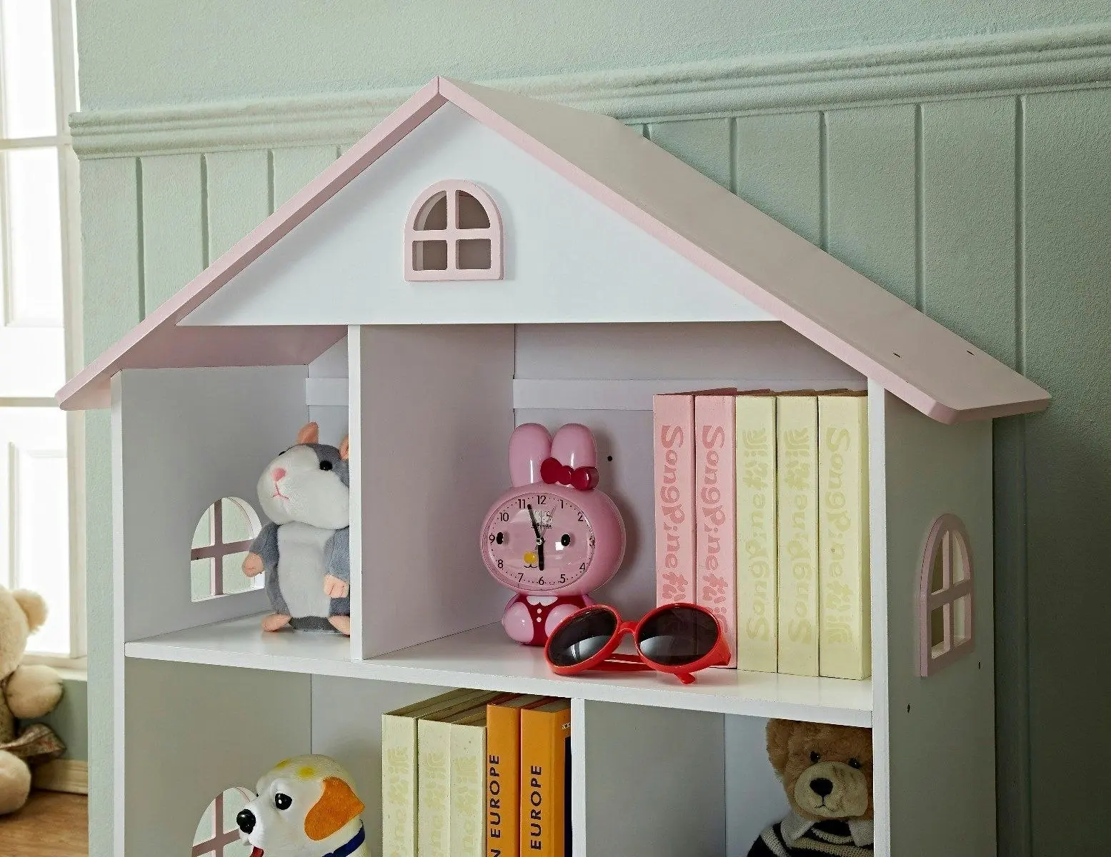 All 4 Kids Veronica Girls‘s Pink Roof Dollhouse Bookcase