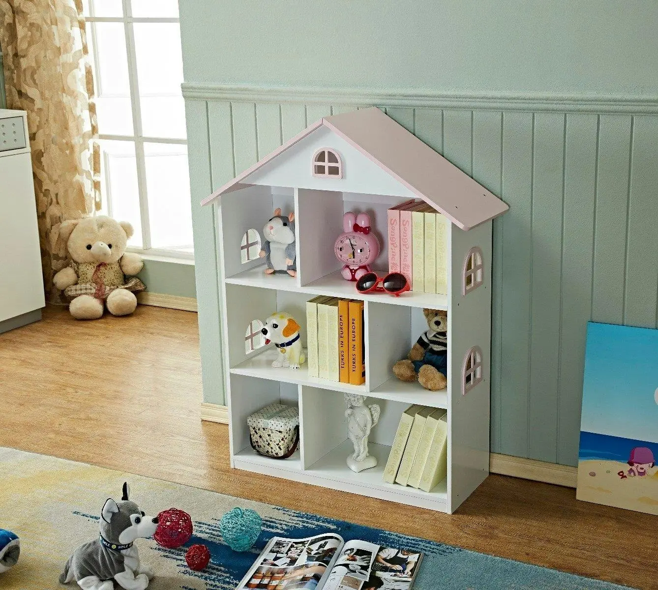 All 4 Kids Veronica Girls‘s Pink Roof Dollhouse Bookcase