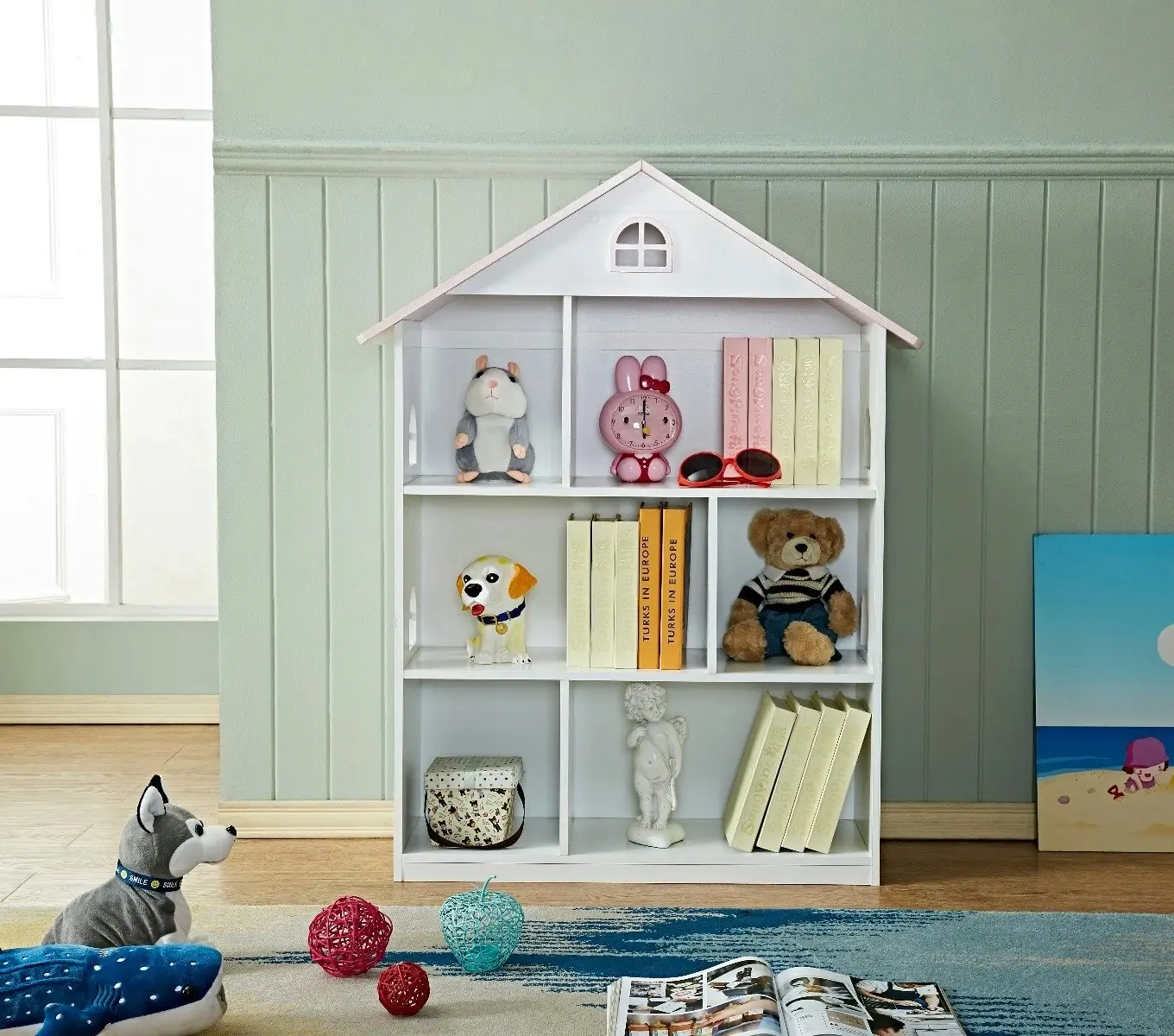 All 4 Kids Veronica Girls‘s Pink Roof Dollhouse Bookcase