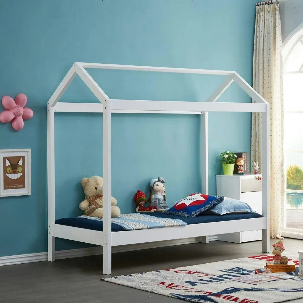 All 4 Kids Layla White Wooden House Single Bed with Under Bed Storage