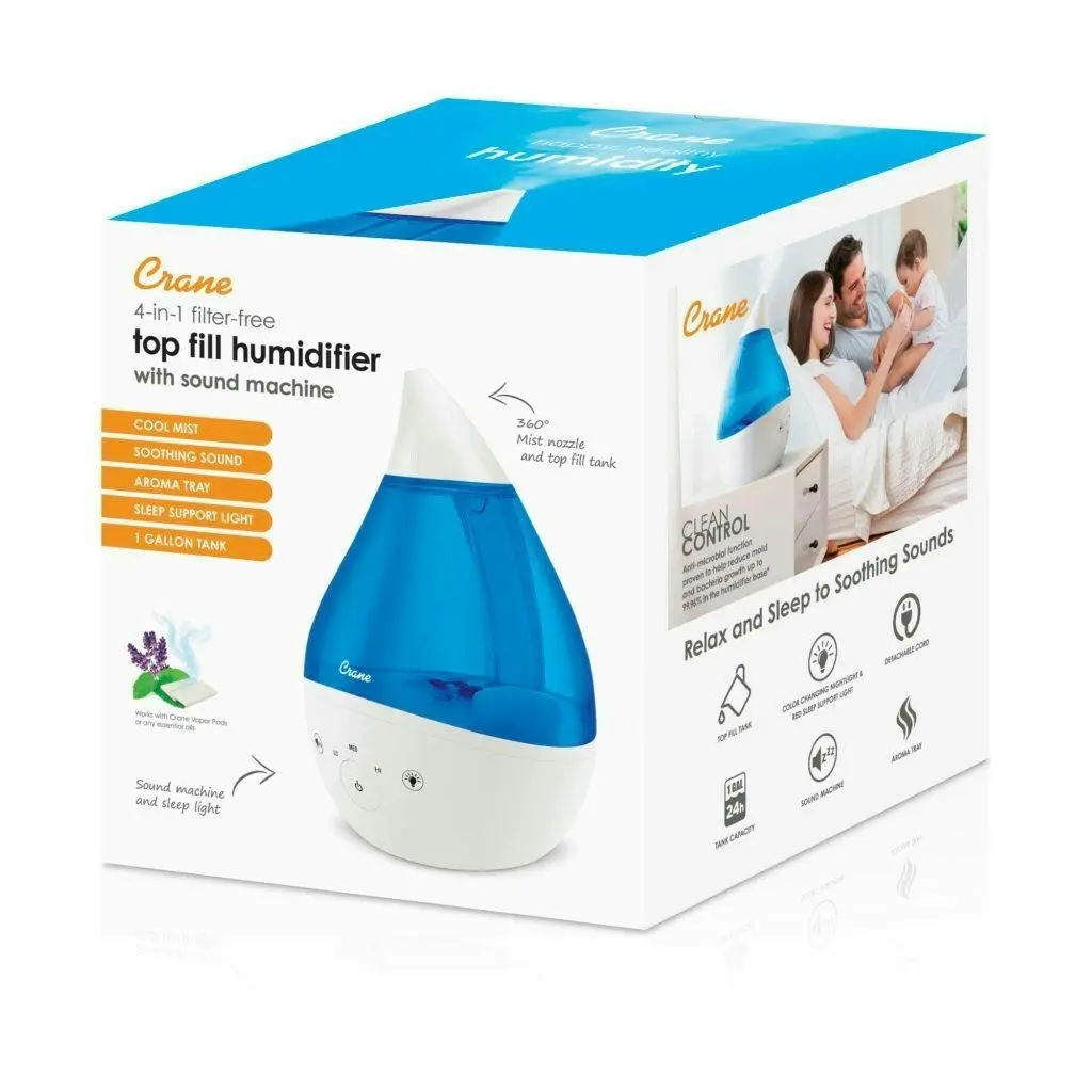 Crane 4 in 1 Top Fill Drop Humidifier w Sound Machine - Blue/White