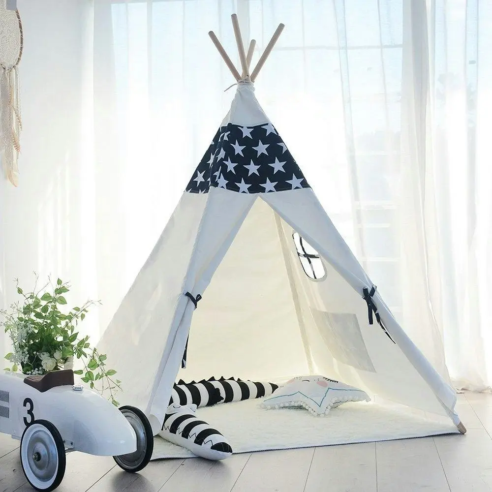 All 4 Kids Liam Large Cotton Canvas Kids Blue Star Teepee Tent