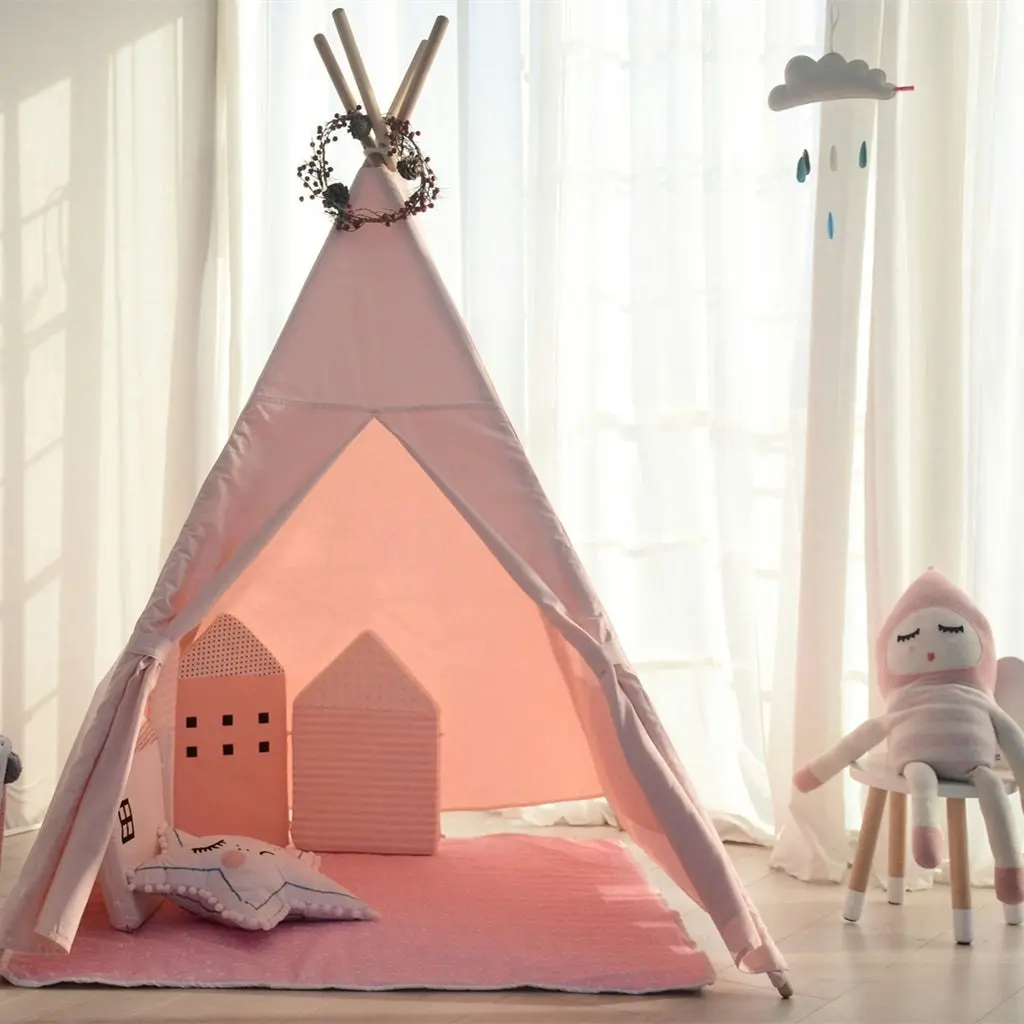 All 4 Kids Sofia Pink Cotton Canvas Kids Square Teepee Tent with Flag