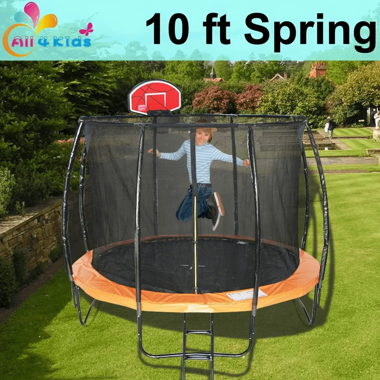 All 4 Kids 10 FT Jump Zone Spring Trampoline with Basketball Board