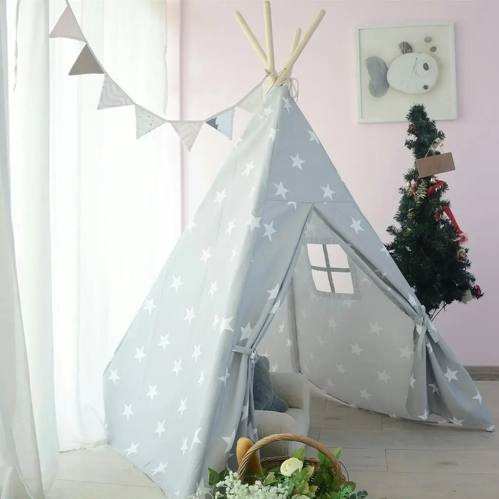 All 4 Kids Ethan Cotton Canvas Kids Grey Star Square Teepee Tent