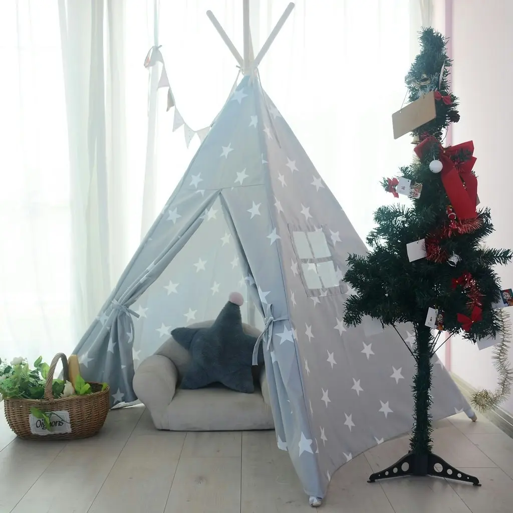 All 4 Kids Ethan Cotton Canvas Kids Grey Star Square Teepee Tent