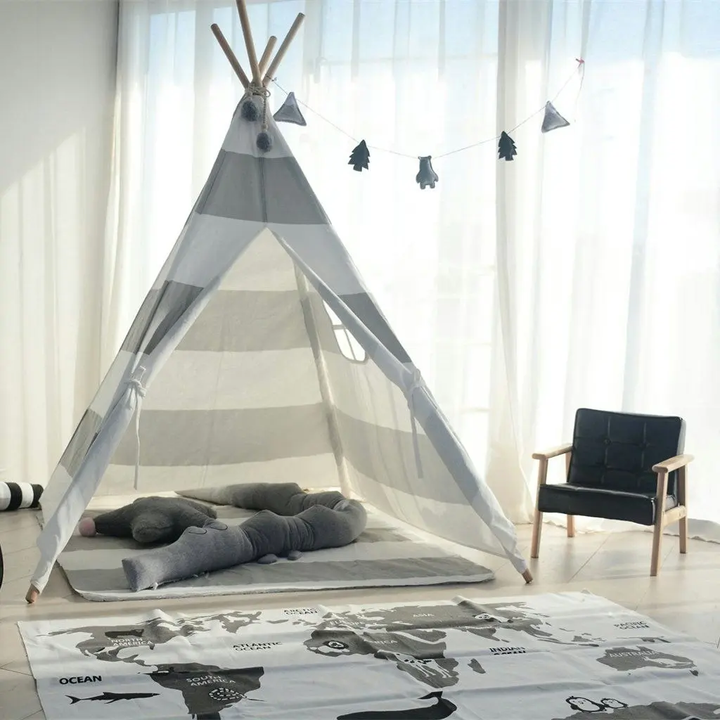 All 4 Kids Asher Cotton Canvas Kids Grey Stripe Square Teepee Tent